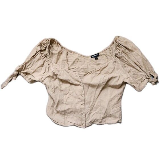 Express Tops - Express Linen Blend Crop Top Womens L Tan Puff Sleeve Cottagecore Peasant GUC